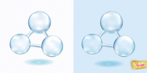 Vector illustration showing reflective molecule model on transparent and blue backgrounds. Ideal for presentations on chemistry, science and molecular biology.
