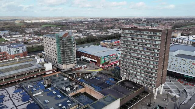 High rise apartment blocks Basildon Town centre Essex UK drone,aerial