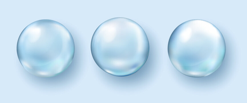 Three ethereal pearlescent spheres aligned in a row on a light blue background create a serene and elegant visual effect with soft reflections.