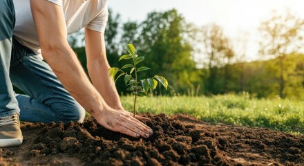 Person planting young tree in field, promoting nature conservation and environmental sustainability