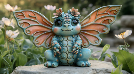Teal Dragon Figurine in Garden Setting