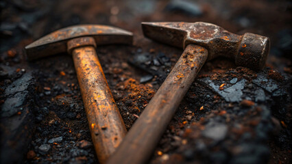 Rusty Tools on Dark Coal Ground with Textured Surface and Natural Lighting