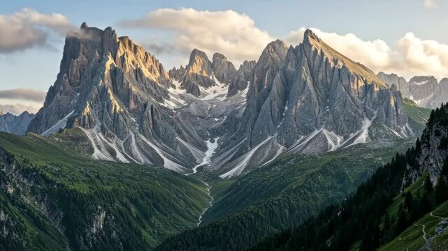 Majestic mountain range with green valleys and patches of snow on rocky peaks