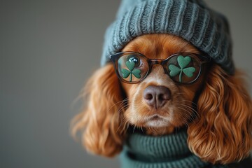 A cute dog wearing a green sweater, beanie, and glasses with shamrock celebrates St. Patrick's Day, bringing festive spirit to the celebration with its adorable outfit.