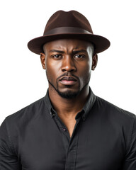 Serious young man with hat showing a concerned expression on transparent background