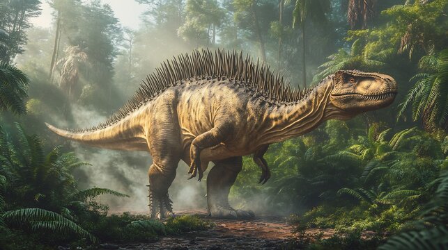 Majestic Amargasaurus walking through a prehistoric jungle its dual rows of spines towering over its back mist rising from the ancient ferns around it