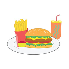 Burger package with fries and soft drink isolated on a white background
