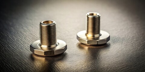 Close-up view of two metallic fasteners, meticulously crafted with precision engineering, showcasing their detailed threading and gleaming surface on a dark background.