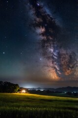 Fototapeta premium Stunning Milky Way Over a Peaceful Countryside Field at Night