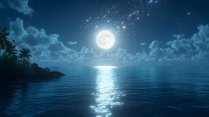 Tropical Night Full Moon, Starfall over Ocean