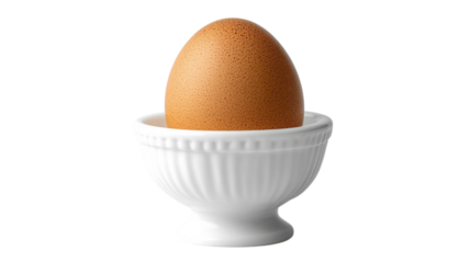Brown egg resting in a white ceramic egg cup on a plain background during daylight
