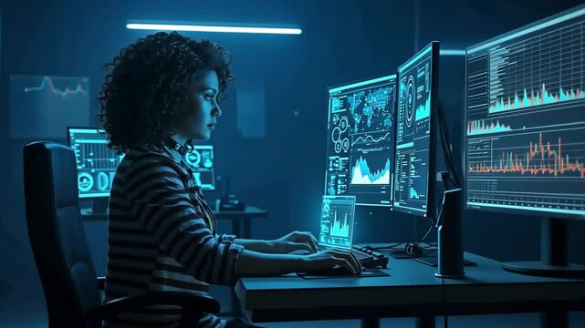 Female cybersecurity expert working on multiple monitors in a high-tech environment