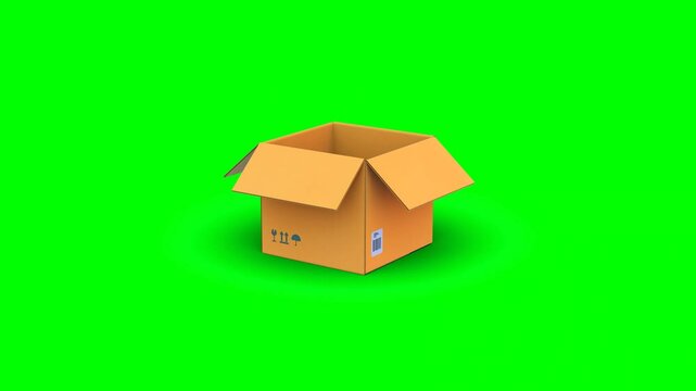 3D Animated Unboxing of Cardboard Box With Content Sign and Barcode Opening Displaying Interior Space. Green Screen.