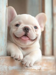 Portrait of French Bulldog puppy dog sit and smile cheerful