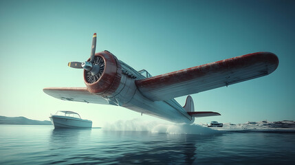 Naklejka premium Vintage plane water landing, icy lake, snowy mountains