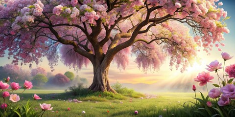 Serene Springtime Landscape Featuring a Majestic Blooming Tree in a Sunlit Meadow