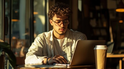 young man working on laptop in coffee shop