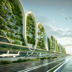 Futuristic eco airport showcases innovative design, blending nature into urban landscape, creating sustainable hub for travelers excited to explore