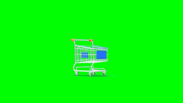 3D Animated Metal Standard Shopping With Handle and Wheels Cart Spinning on Green Background.