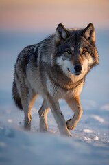 Obraz premium Fierce Wolf Walking Through a Snowy Forest with an Intense Gaze