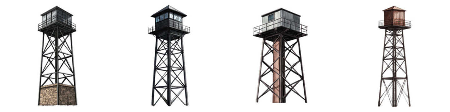 Isolated and rustic wooden and steel watchtowers standing tall in a remote wilderness landscape used for guard duty security surveillance and environmental monitoring