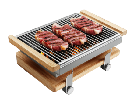 Portable tabletop barbecue grill with simple design, perfect for grilling steaks and enjoying outdoor cooking. Ideal for picnics and gatherings