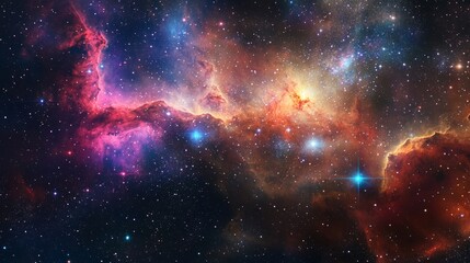 Naklejka premium Vibrant cosmic nebula in deep space with bright stars and colorful gas clouds