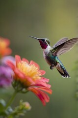 Fototapeta premium Vibrant Hummingbird Hovering Over Colorful Flowers - Nature Close-up