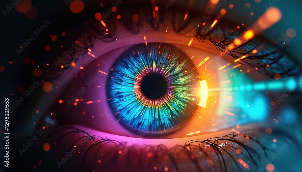 Fototapete Vibrant multicolored iris with rainbow lines emerging from eye. Futuristic animation of bright binary circle. Graphic of iris vision, light, flames, eyeball, science, gas, energy in space.
