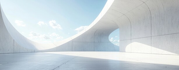 modern concrete building interior with a large open space and a white curved wall, against a light blue sky background. Minimalist architecture concept