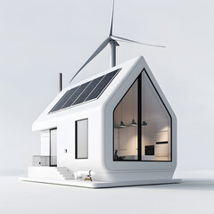 Energy efficient home utilizes solar panel windows and wind turbine, showcasing sustainable living, generating feelings of hope and progress