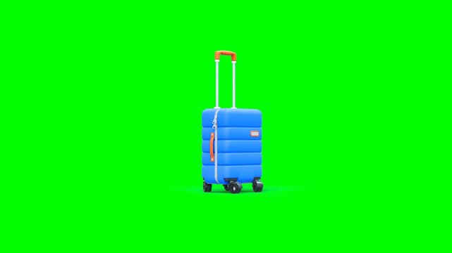 3D Animated Blue Luggage Suitcase With Zipper and Orange Retractable Handle Spinning Upright on Four Casters Wheels. Green Screen.