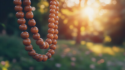 Wooden prayer beads hanging outdoors at sunset