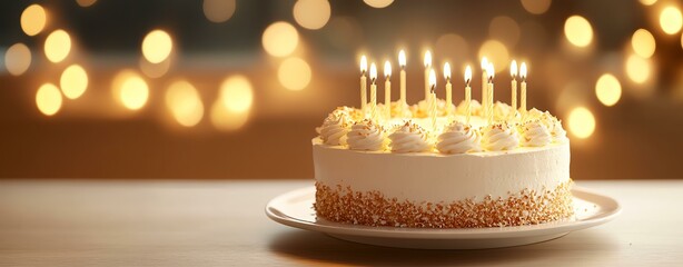 Happy Birthday Cake with Candles Aesthetic, Delicious birthday cake with lit candles.