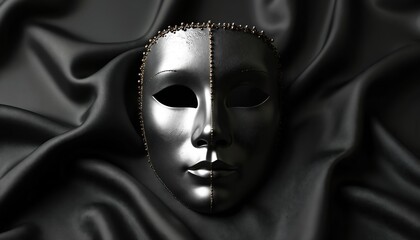 Obraz premium Carnival Venetian mask divided in half silver, black face on dark textile background. Disguise concept. Masquerade, mystery, event. Two faced, double personality. Theatrical costume. Festive