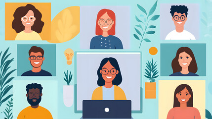 Diverse employees enjoying virtual mentorship expressing collaboration, unity, and joyful learning in modern digital environment