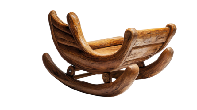 Rustic wooden rocking chair designed for children with curved runners and natural finish in a simple design