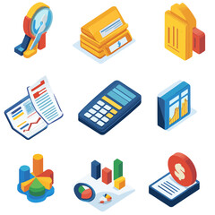 Isometric Business Icons: Finance, Analytics, Time Management, and Banking