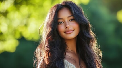 Naklejka premium beautiful woman with long dark hair in nature