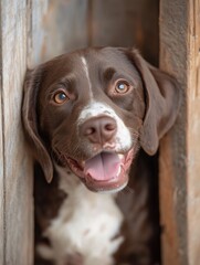 Portrait of German Shorthaired Pointer puppy dog sit and smile cheerful