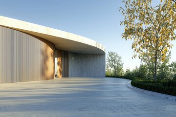 Obraz premium empty concrete floor with a curved wall and an entrance door in a modern minimalist architectural background, an interior design concept scene