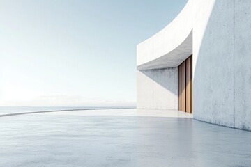 Obraz premium empty concrete floor with a curved wall and an entrance door in a modern minimalist architectural background, an interior design concept scene