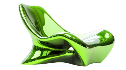 futuristic chair shines, reflecting bright light with its sleek design and vibrant green color, radiating modern artistry
