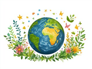 Illustration of planet Earth surrounded by colorful flowers, butterflies, and greenery, isolated on white background