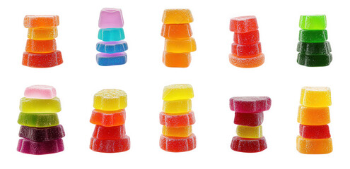 an array of colorful gummy candies stacked in various configurations. highlighting their vibrant hues and sugary texture the arrangement emphasizes the playful and enticing nature of these treats. app