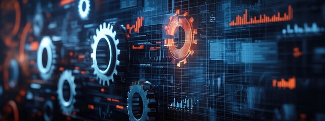 Obraz premium digital gears with holographic charts and graphs floating in the background, dark blue color theme, futuristic style