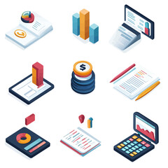 Isometric Business and Financial Analysis Tools on White Background