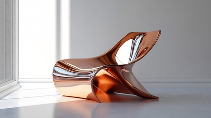 lightweight titanium chair with modern touch and copper shade, reflecting light, evokes minimalist elegance and sophistication
