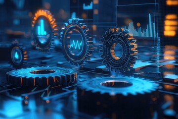 Fototapeta premium digital gears with holographic charts and graphs floating in the background, dark blue color theme, futuristic style