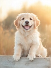 Portrait of golden retriever puppy dog sit and smile cheerful